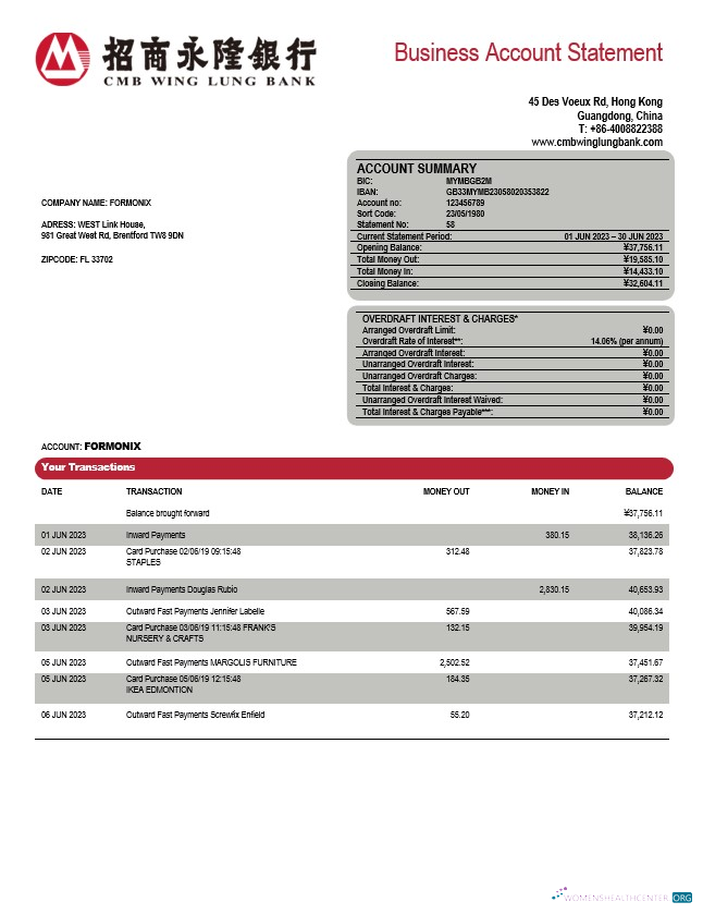 Download Wing Lung Bank company account statement Word and PDF template Photoshop template